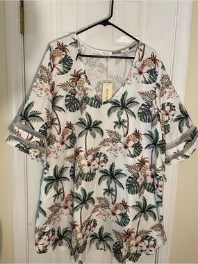 EKOUER IVORY Palm Leaves 3/4 Bell Sleeves with Mesh inserts Blouse 1X